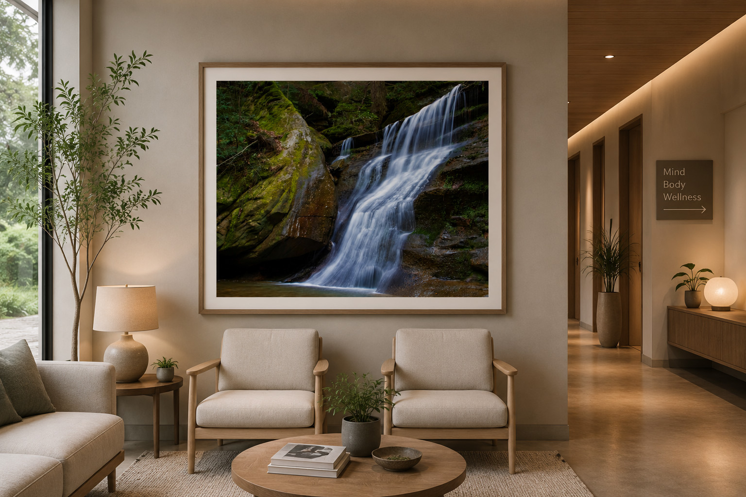 Wellness center waiting space with framed waterfall photography by Dan Sproul